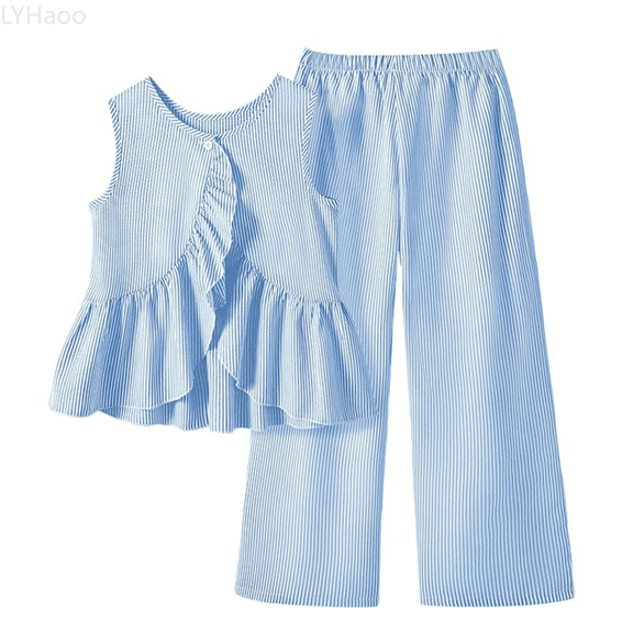 LYHaoo Girls Clothing Set 2 Pcs Summer Girls' Large Sized Round Neck Sleeveless Striped Lace Cardigan Plus Size Relaxed Waist Long Pants Casual Fashion Set Sizes 10-11 Years(Blue)