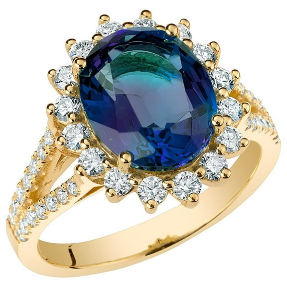 PEORA 5.25 Carats Created Alexandrite Lab Grown Diamond Ring in 14K Yellow Gold, Color-Changing Oval Shape, Size 9