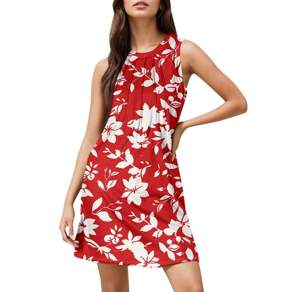 Women's Summer Casual Dress Floral Print Beach Elegant Flowy Midi Sleeveless Crew Neck Fashion Dress Womens Casual Trendy Midi Dresses