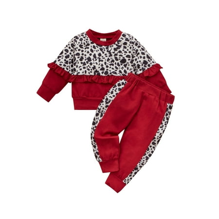 

Fiomva Girls Set Leopard Print Clothes Contrast Color Long Sleeve O-neck Tops with Ruffle with Elastic Waist Trousers