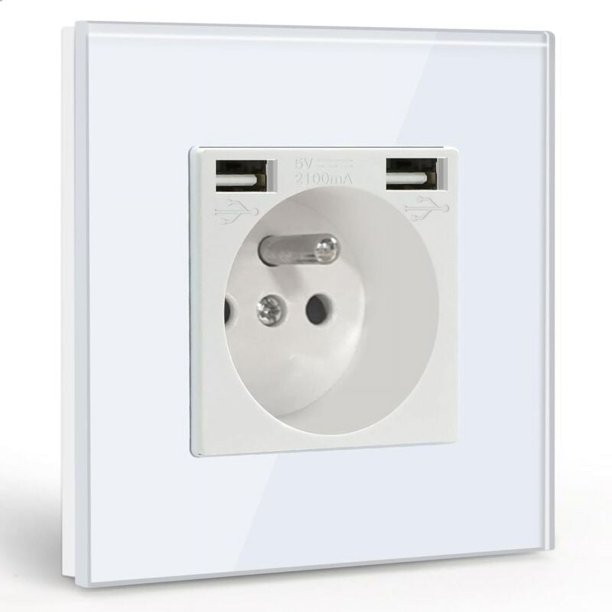 Enchufe de pared con 2 puertos USB, enchufe de CA de 16 A con panel de vidrio, regleta de enchufes de pared de 2,1 A como máximo, apto para teléfonos inteligentes y tabletas (1 enchufe con 2 puertos U