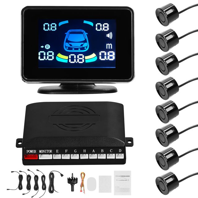 Riwcyla Car Parking Sensor Reversing Radars System Front & Rear Support Sound Warning/Buzzer/Mute with 8 Parking Sensors Distance Detection LCD Distance Display Volumes Adjustable