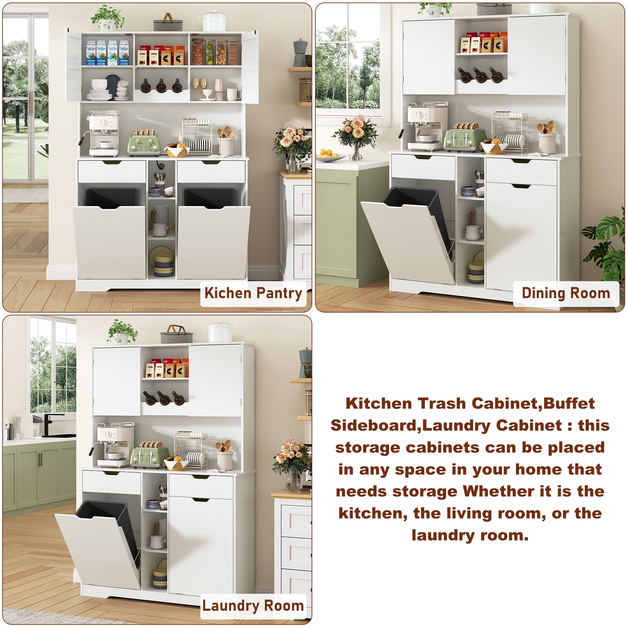 Blotout 71" Tall 46"Wide Kitchen Pantry Cabinet with Charging Station & Microwave Shelf, Farmhouse Kitchen Double Tilt Out Trash Cabinet 10X2 Gallon Garbage Holder with 2 Drawers Storage