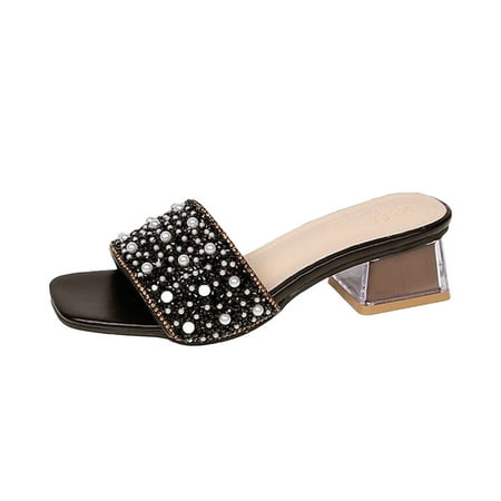 

GNEIKDEING Ladies Shoes Summer Sandals Rhinestone Pearl Breathable Chunky Heel Sandals Gift on Clearance