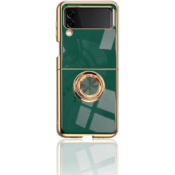 Ultra-Thin Case Apply to Samsung Galaxy Z Flip 3,Soft TPU Electro-Plating Bumper Design with Ring Buckle Holder with Magnetic Suction Car Function Full Protection Phone Cover (Dark Green)