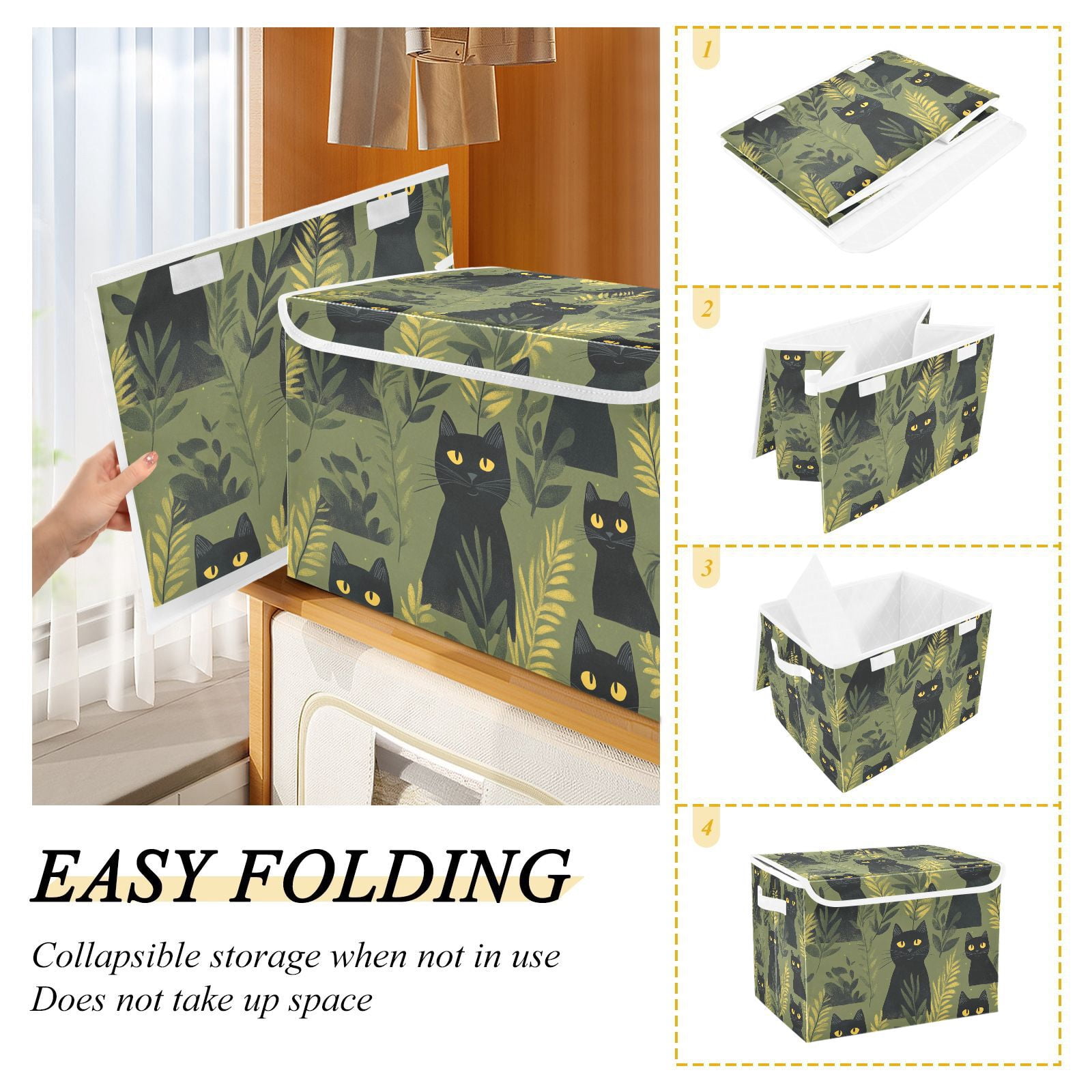 Black Cats Grass Storage Basket for Shelves Foldable Container Organizer for Organizing Toys Clothes Books with Handles