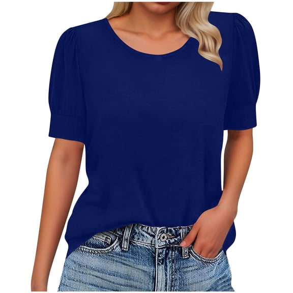 qucoqpe Women's 2026 Spring Summer Fashion Loose Solid Crewneck Pleated Short Sleeve Blouses Shirts Tops
