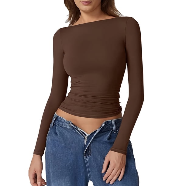 Camisa de Larga con Cuello Redondo para Mujer, Básica, con Doble Forro y Fruncido Lateral, para Salir Marrón S