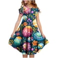 thumbnail image 5 of Girls Easter Clothes Ruffle Tiered Dress Fly Sleeve Crew Neck Cute Bunny Eggs Print Spring Holiday Short Dress (4-5 Years, Navy), 5 of 6