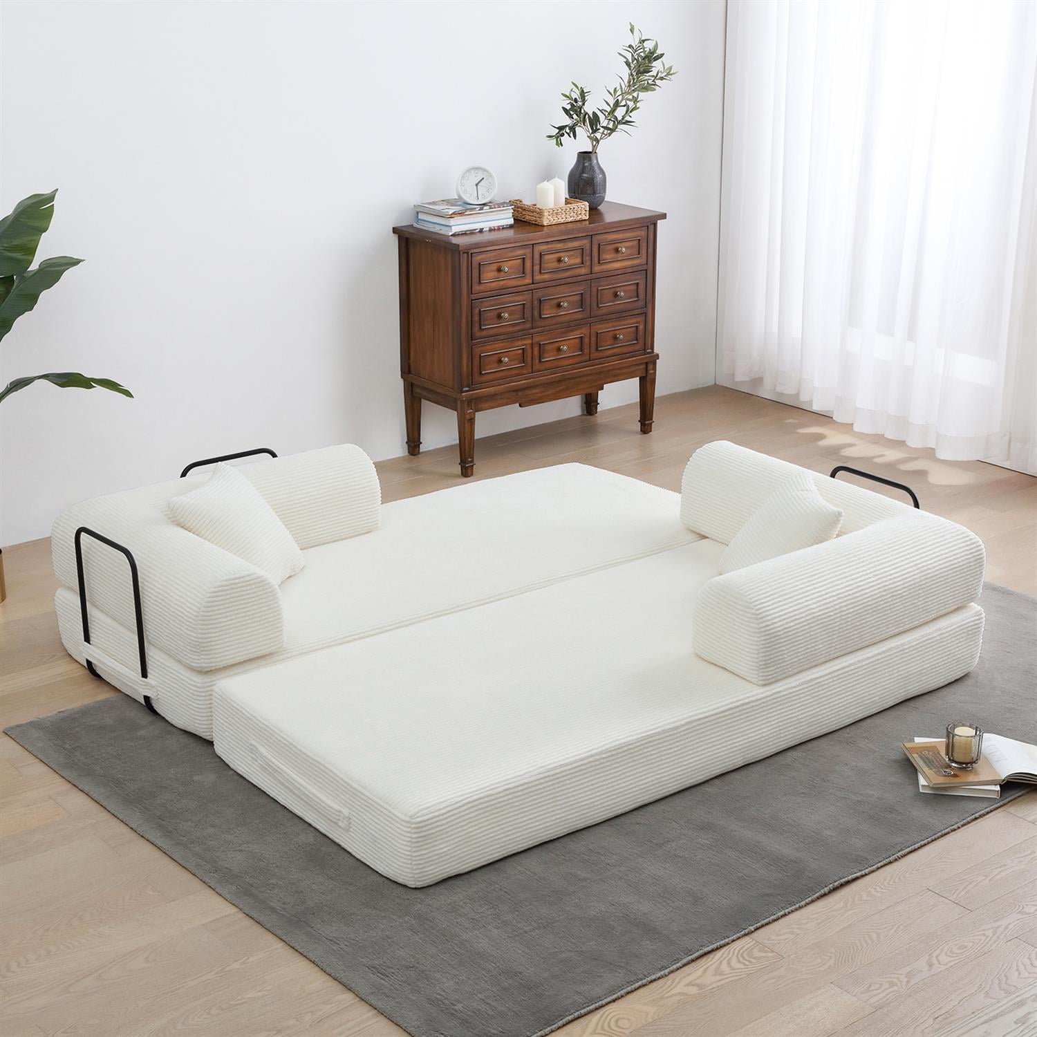 Demi Bonn 77" Convertible Sleeper Sofa Bed, Corduroy Foldable Mattress Couch with Cylindrical Pillow & Fixed Frame for Living Room, Bedroom, White