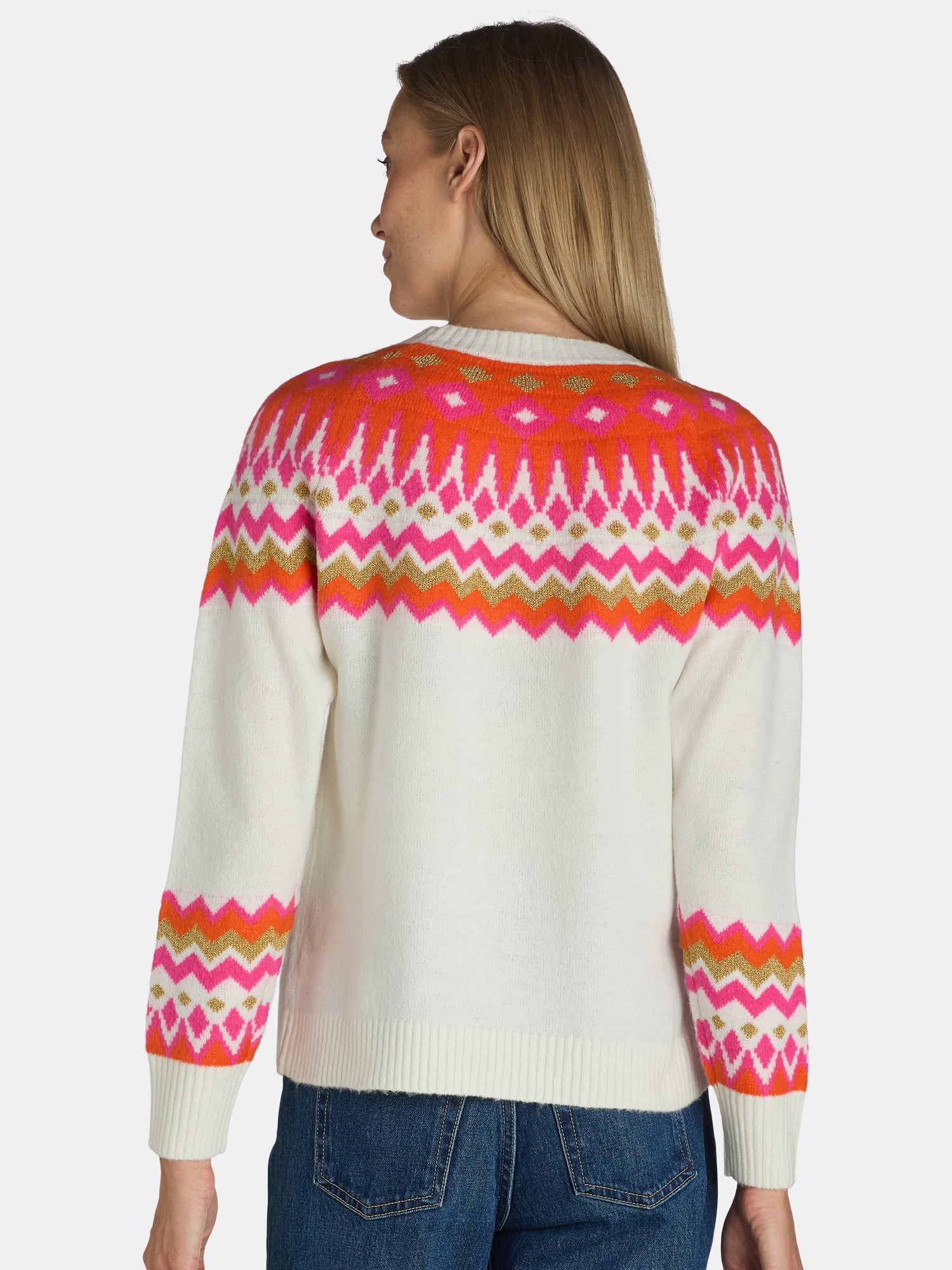 99 Jane Street Women's Fair Isle Crewneck Sweater with Long Sleeves, Midweight, Sizes XS-XL