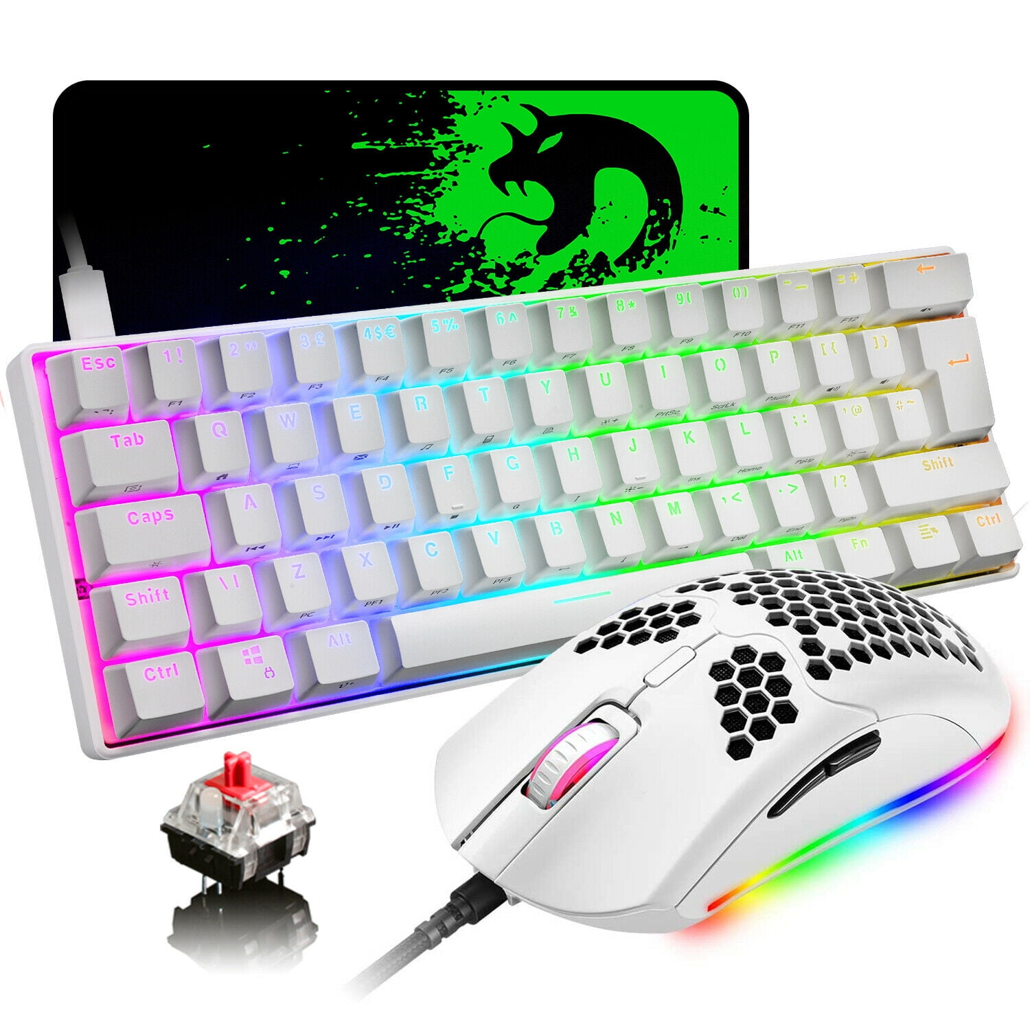 UK Layout 60% Mechanical 62 Keys Wired Type C 14 Chroma Backlit Gaming Keyboard + 6400DPI Ultra-Light Honeycomb Mouse + Large Mouse Pad, Compatible With PS4,Xbox,PC - White/Red Switch -