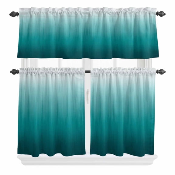3 Piece Kitchen Curtains and Valances Set Teal Ombre Cafe Curtains 24 Inch Length Contemporary Gradient Abstract Art Valance & Tier Curtain for Living Room Bedroom Small Window 54"x18" 27"x24"*2