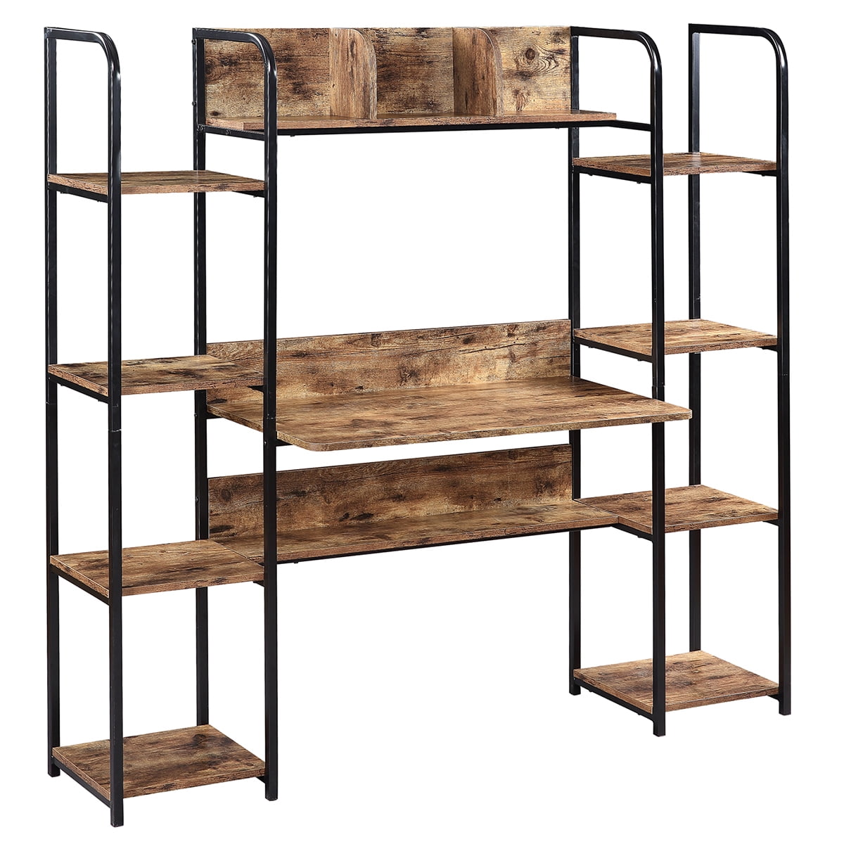 Kepooman Modern Metal Computer Desk with Storage Hutch & Double Bookcase for Home Office, 63"L x 19.9"W x 59.4"H, Brown Kepooman Modern Metal Computer Desk with Storage Hutch & Double Bookcase for Home Office, 63"L x 19.9"W x 59.4"H, Brown