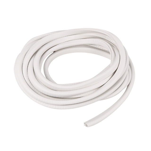 Unique Bargains PVC Protective Stripe Auto Car Door Edge Anti Scratch Protector Guard Roll 16.40ft White. A coiled white rubber strip designed to protect car door edges from scratches, wear, and noise. The roll measures 16.40 feet in length, with a thickness of 6.5mm-8mm and a width of 10mm. Suitable for use on car doors, machinery guards, and other edges. Durable, waterproof, and resistant to high temperatures and aging.