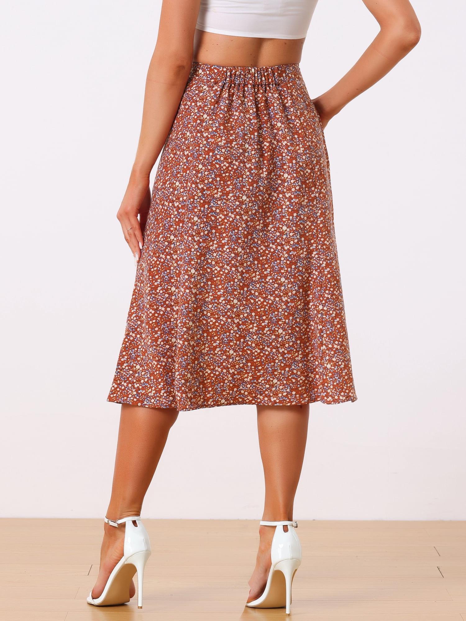 DARING DIVA Women's Elastic Waist A-Line Floral Print Midi Skirt XS Red