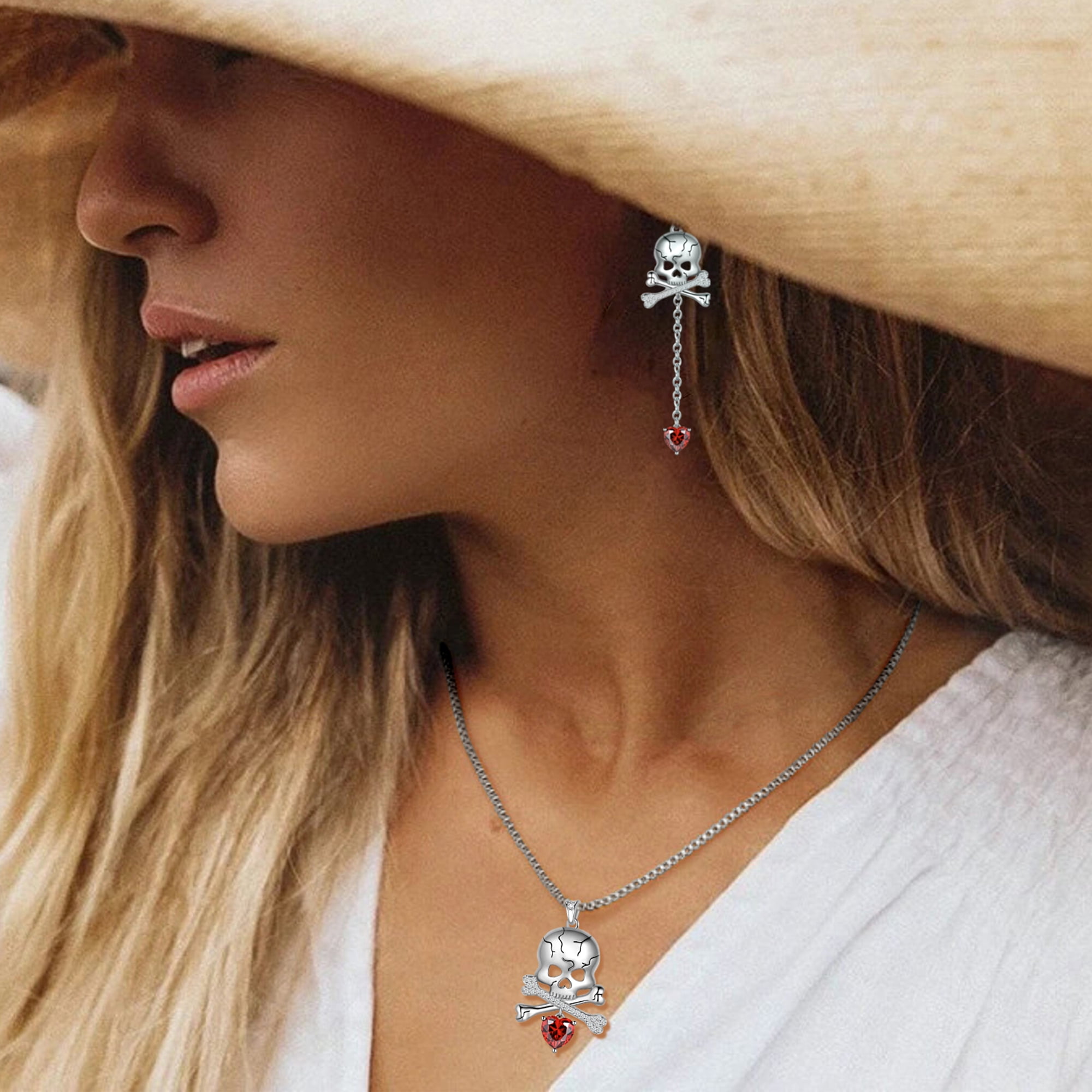 Beautlace 925 Sterling Silver Skull Jewelry Set,Halloween Skeleton Skull Pendant Necklace/Drop Dangle Earrings Gothic Vintage Skull Jewelry Set for Women