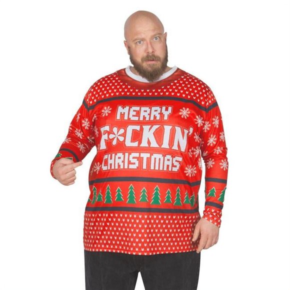 Faux Real Shirt F132134-1X Mens Big-Tall Merry Fckin Christmas Long Sleeve T-Shirt, Multicolor - 1X