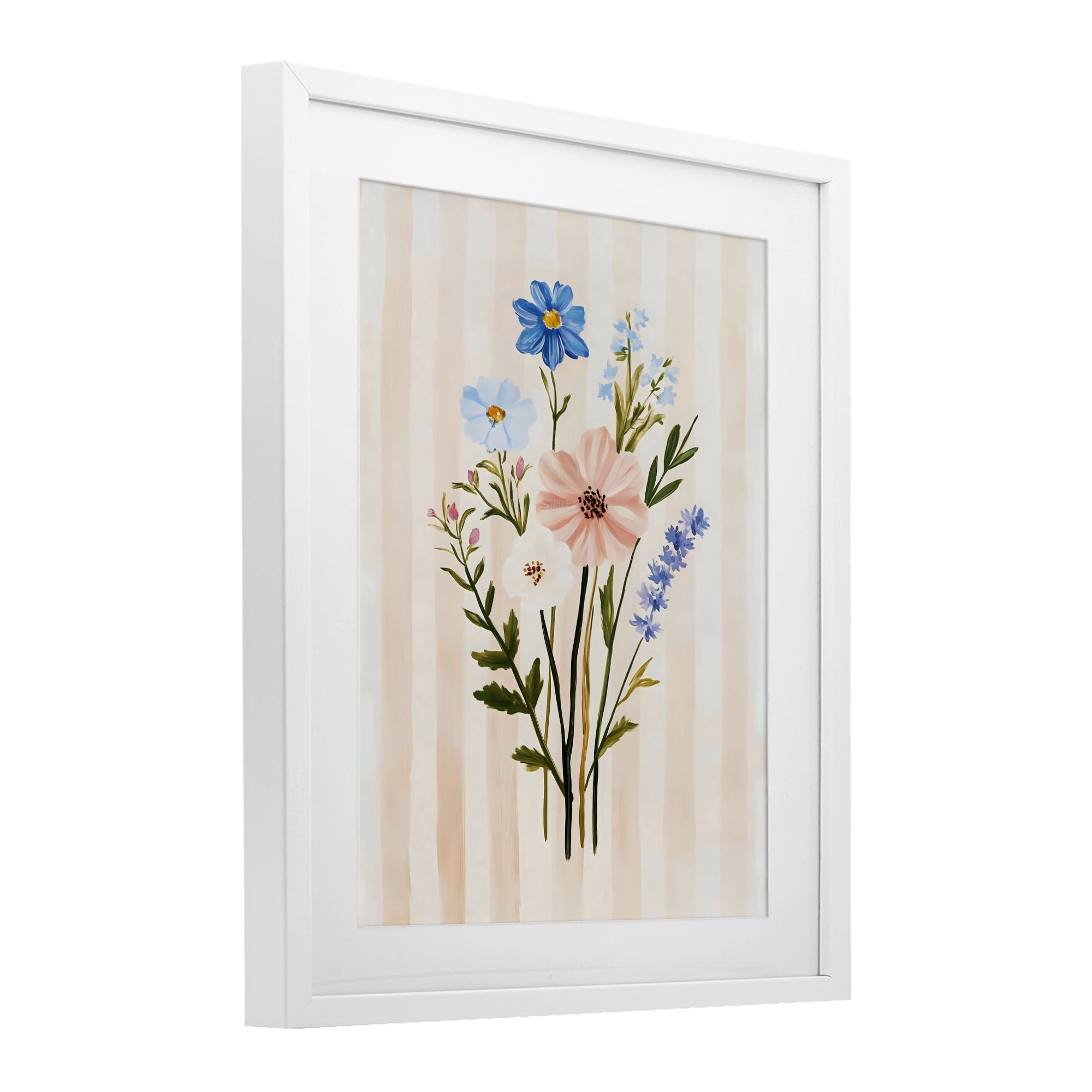 Stupell Industries Cream Stripe Florals White Framed Print Under Glass, design by The Prints Vibe