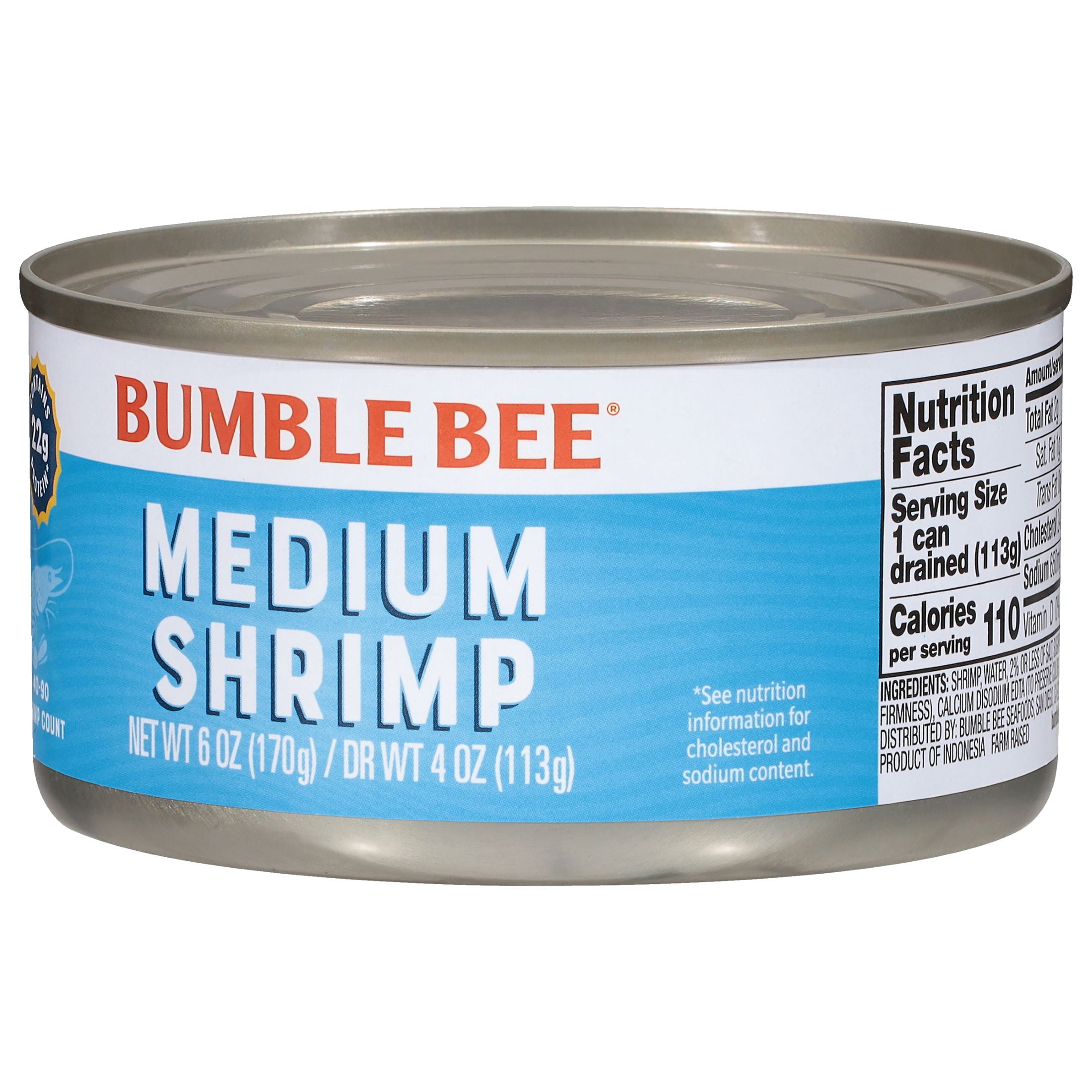 (2 pack) Bumble Bee Medium Canned Shrimp, Gluten Free, 22g Protein Per Serving, Ready to Eat, Shelf Stable Can, 6 oz