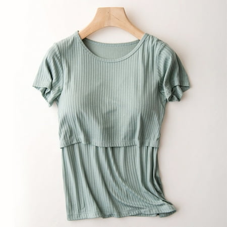 MORESEC Womens Nursing Tops for Breastfeeding Loose Fit Crewneck Solid Short Sleeve Tops Summer Casual Blouse Wireless Bralette Wireless Bralette Nursing Top Maternity Nursing & Maternity