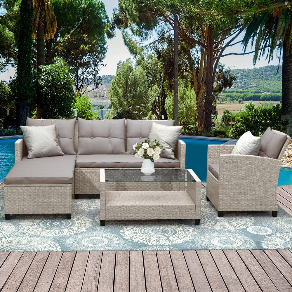 uhomepro 4-Piece Outdoor Sectional Sofa Set with Loveseat and Lounge Sofa, Armchair, Patio Furniture Set with Coffee Table, All-Weather Wicker Furniture Conversation Set for Backyard Pool, Q11963