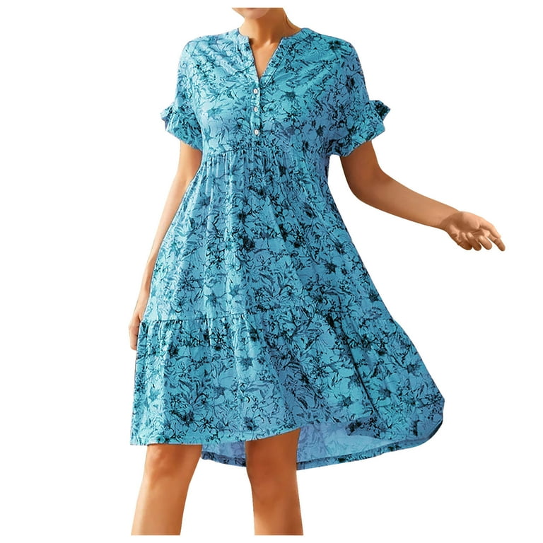 up to 60% off Gifts Usmixi Summer Dresses for Women Short Sleeve V-Neck  Floral Knee-Length Sun Dress Flowy Ruffle Swing Beach Boho Button Down Midi