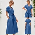 thumbnail image 2 of PUWEI Women's Pleated Shirt Dress Summer Casual Short Sleeve V Neck Button Down Dresses Workwear with Tie, 2 of 7