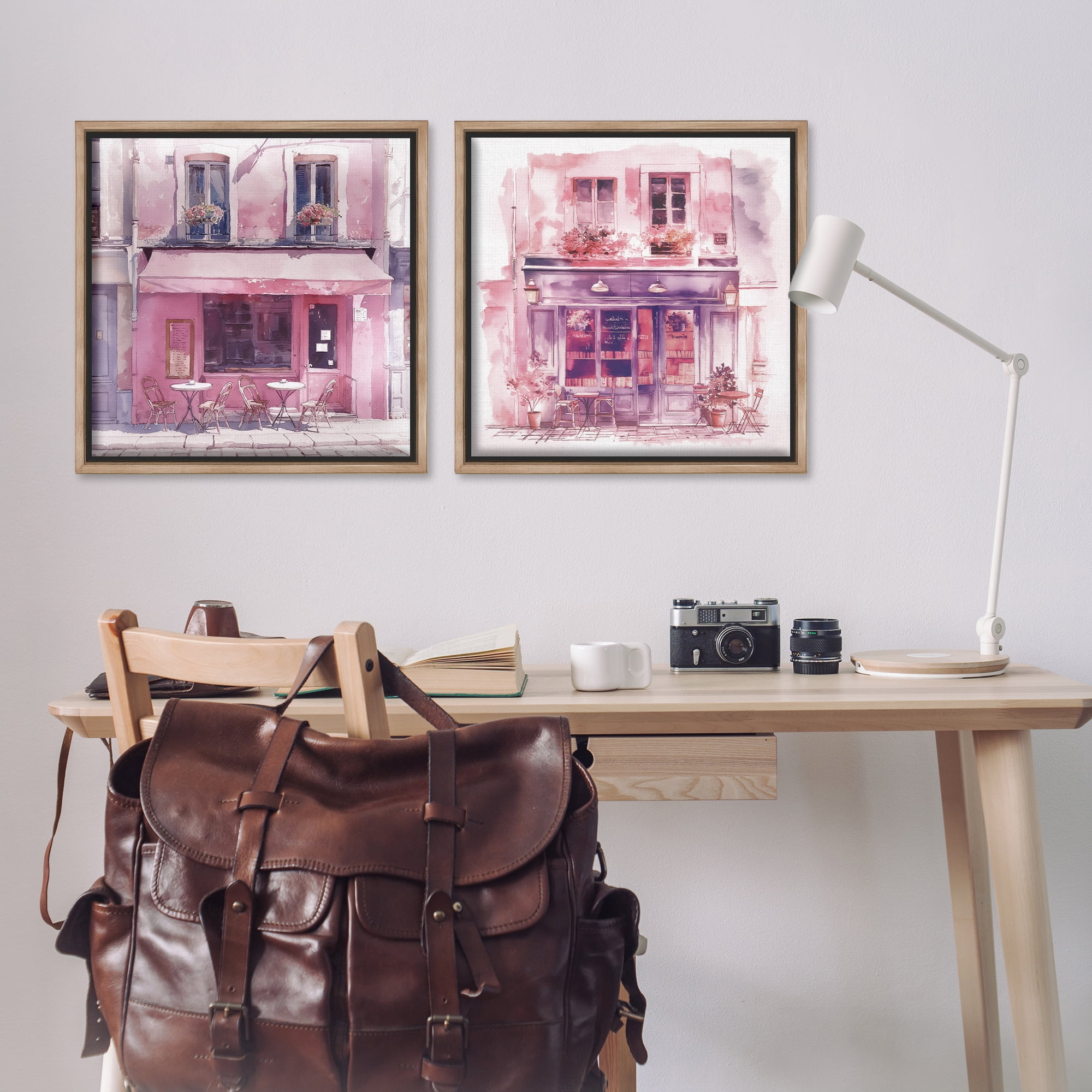 Stupell Industries Pink Outdoor Café Tables Buildings & Architecture Painting Brown Floater Framed Canvas Art Print Wall Art, 25 x 25, Set of 2