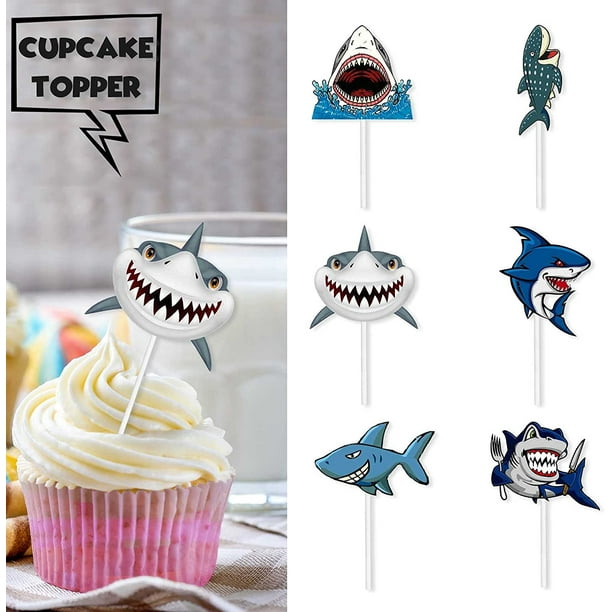 Htooq Dessert Cupcake Orca Shark Blue Glitter Sea Creature Theme Decorations Baby Shower Boys Girls Happy Birthday Party Decor Supplies Set 18pcs - 