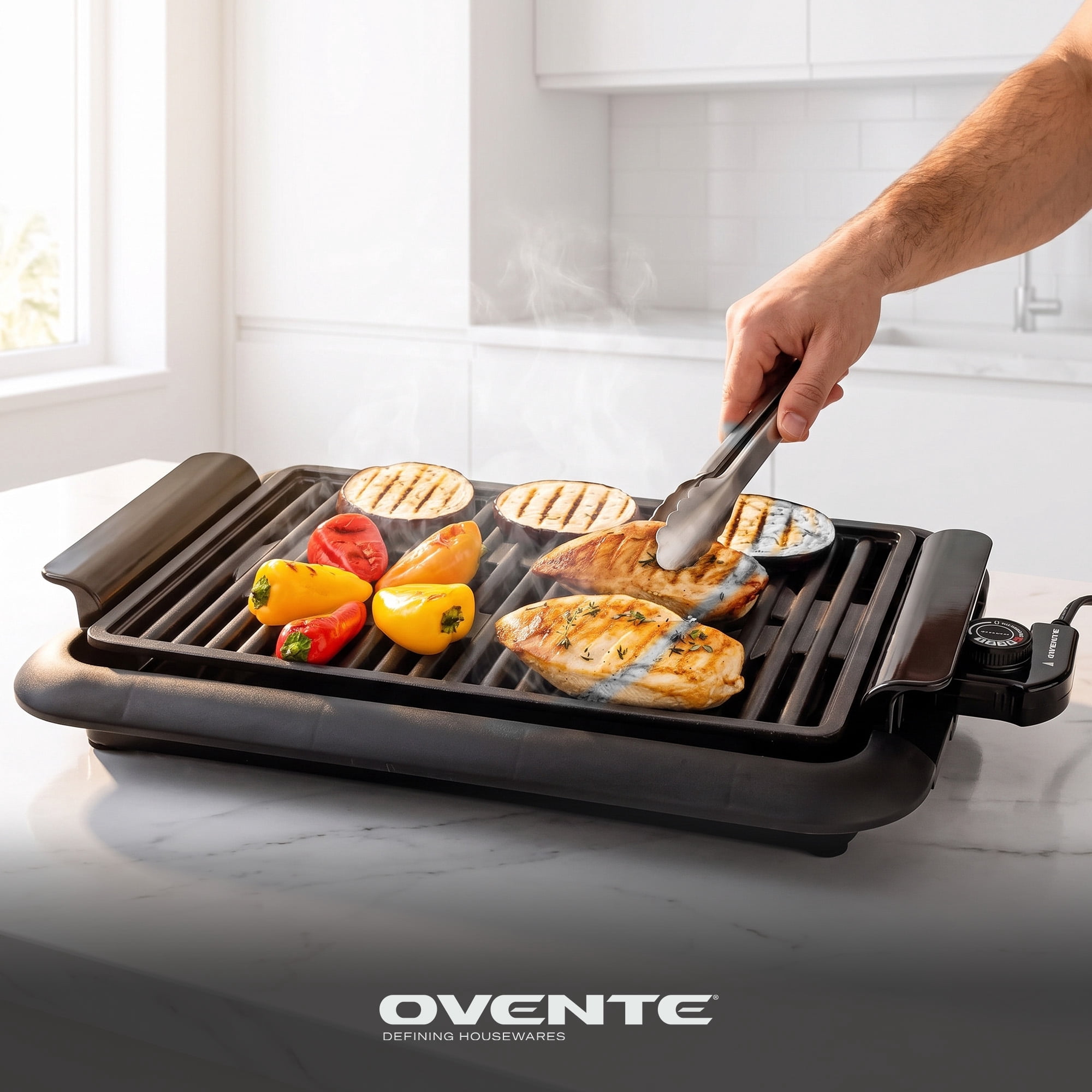 OVENTE Electric Indoor Grill, 15x10 Inch Non-Stick Plate, Black GD1510NLB | 1200W Fast Heat Up Power, Adjustable Temperature, Removable and Dishwasher Safe Grilling and Drip Tray