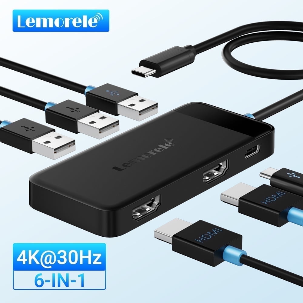 Lemorele 6 in 1 USB-C Multiport Hub, Laptop Splitter, PC Adapter, 4K Dual HDMI Adapter, USB A Data Port, 100W PD