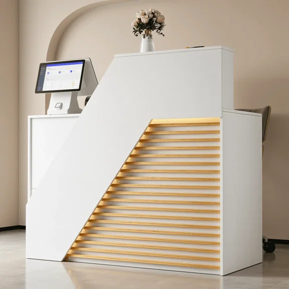 RichYa 47.24"W Reception Desk with LED Lights & Power Outlets,Modern White Reception Counter with 2-Tier Shelf Storage for Office,Retail Store(A)