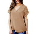 thumbnail image 3 of Scyoekwg Graphic Tees for Women Summer Trendy Classic Solid Color Casual Short Sleeve Tshirt Plus Size V-Neck Button Roll Up Sleeve Loose Comfy Blouse Going Out Tops T Shirt (Khaki,XL), 3 of 6