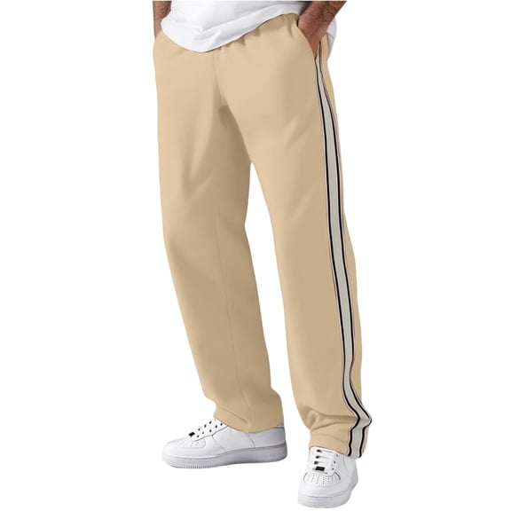 LWavelet Mens Side Stripe Track Pants Elastic Waist Straight Leg Casual Pants Khaki M