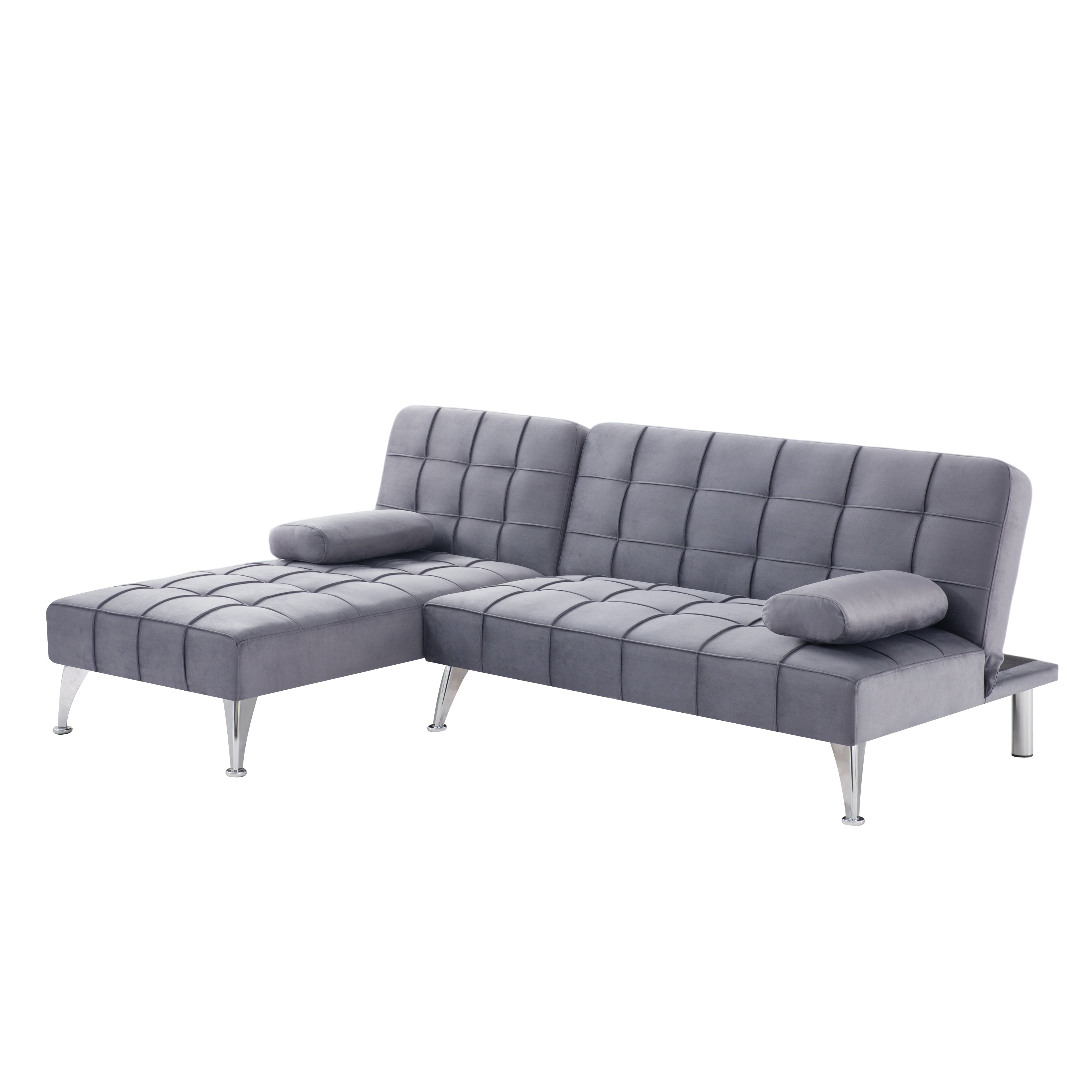 BSHTI 78.35" Velvet L-Shaped Sectional Sleeper Sofa with Reversible Chaise, Split Back & 3-Position Adjustment, Tufted Design, Metal Legs, for Living Room & Guest Room Gray