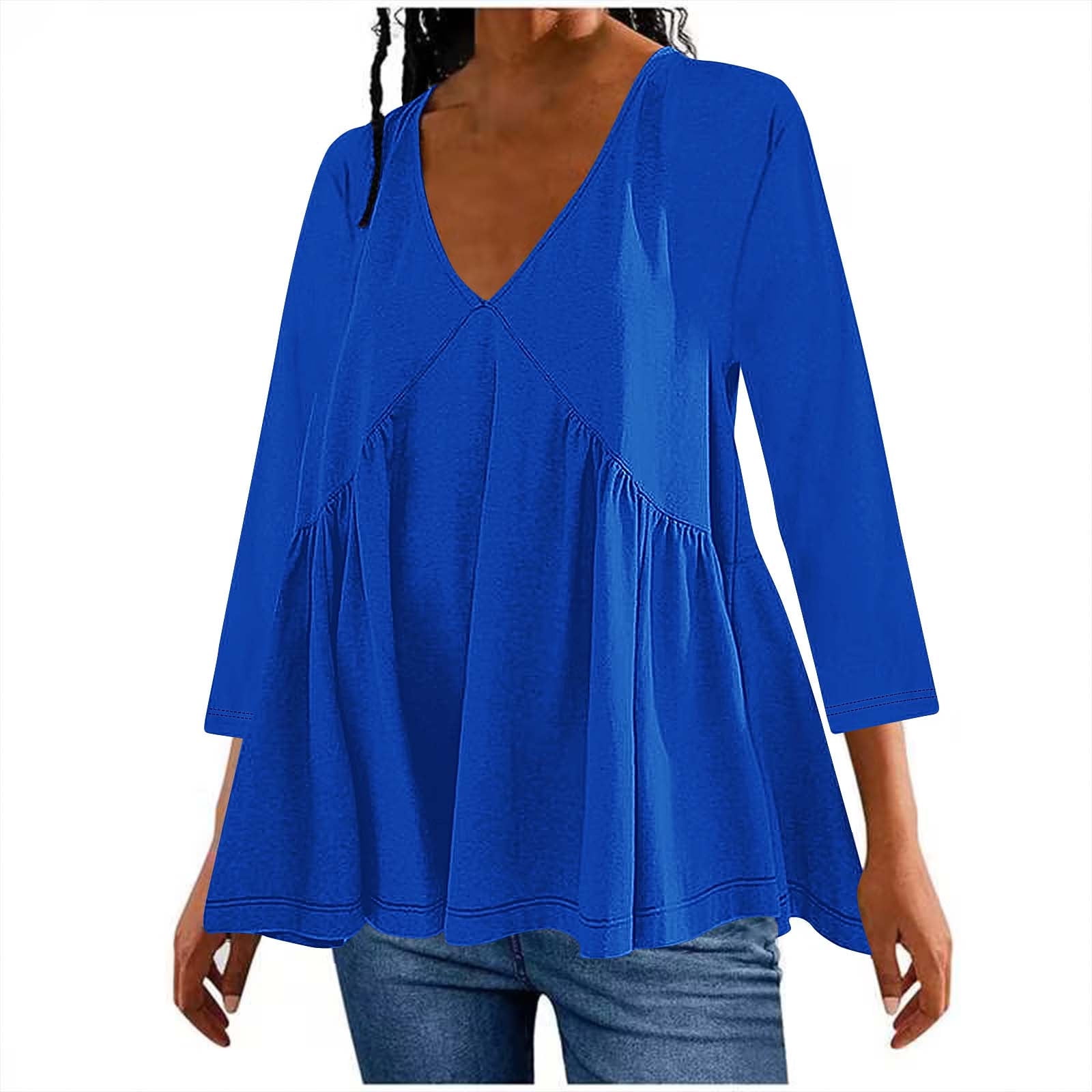 Timegard Womens Tops V-Neck 3/4 Sleeve Ruched Solid Color Comfy Tee Dressy Casual Tunic Tops for Leggings