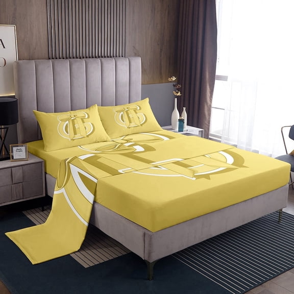 Erosebridal Yellow Bowknot Twin Sheet Sets, Initial Letter G Bedding Twin Size, Cartoon Monogrammed Reversible Bed Sheets Twin, Breathable Bedroom Decorative, 3pcs