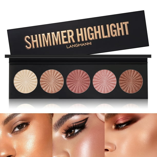 Iluminador brillante de 5 colores, polvo iluminador brillante para contorno facial, iluminador moldeador, iluminador natural de alto brillo.