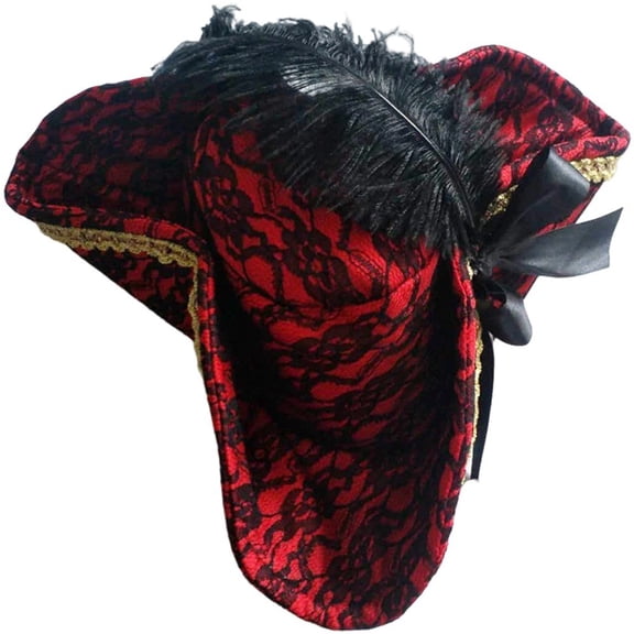 Byfri Triangle Pirate Cap Red 58cm Lace Feather Decorative Headwear for Masquerade Events