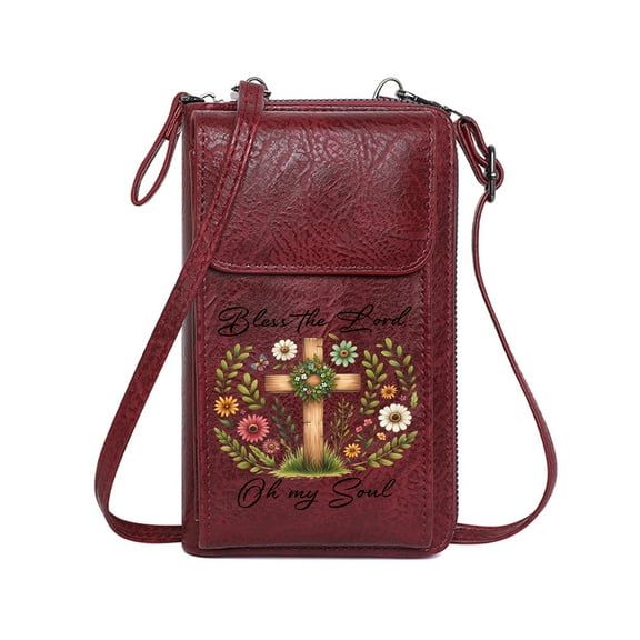 OIDERY Women Leather Crossbody Purse Credit Card Slots Serene Atmosphere Vibrant Flowers Wooden Cross Long Purse for Gift Ideal Holiday Gift