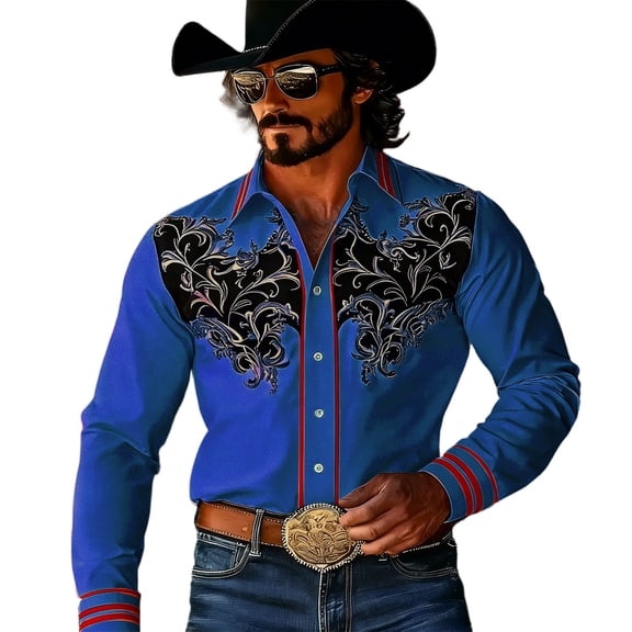 CONZONE Mens Western Cowboy Shirts Long Sleeve Buttons Down Shirts for Men Trendy Embroidered Lapel Soft Lightweight Tops