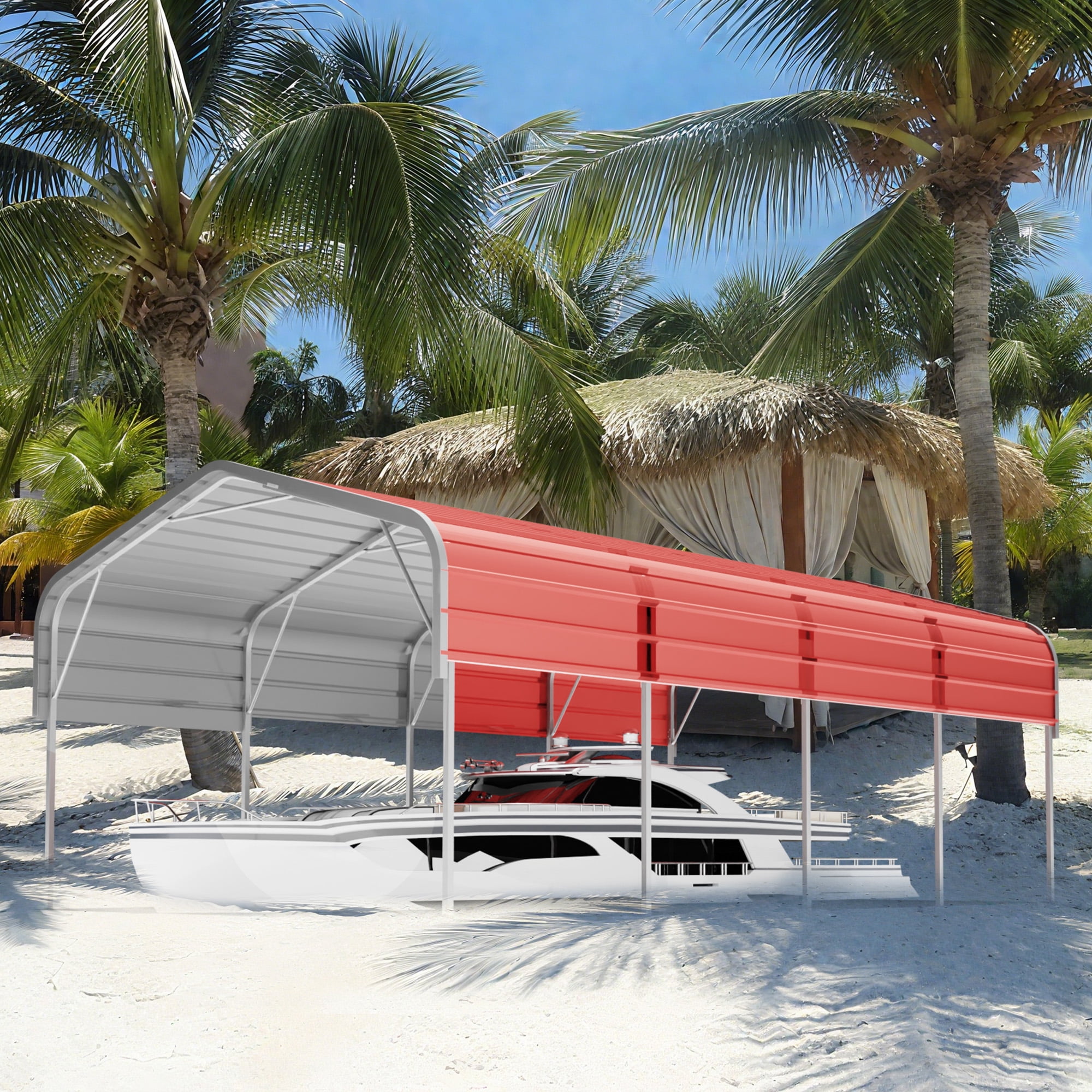 12x20FT Reinforced Metal Carport, Heavy Duty Steel Structure with Support Beams, Spacious Car Shelter for Boats/Tractors, All-Weather Use, Red
