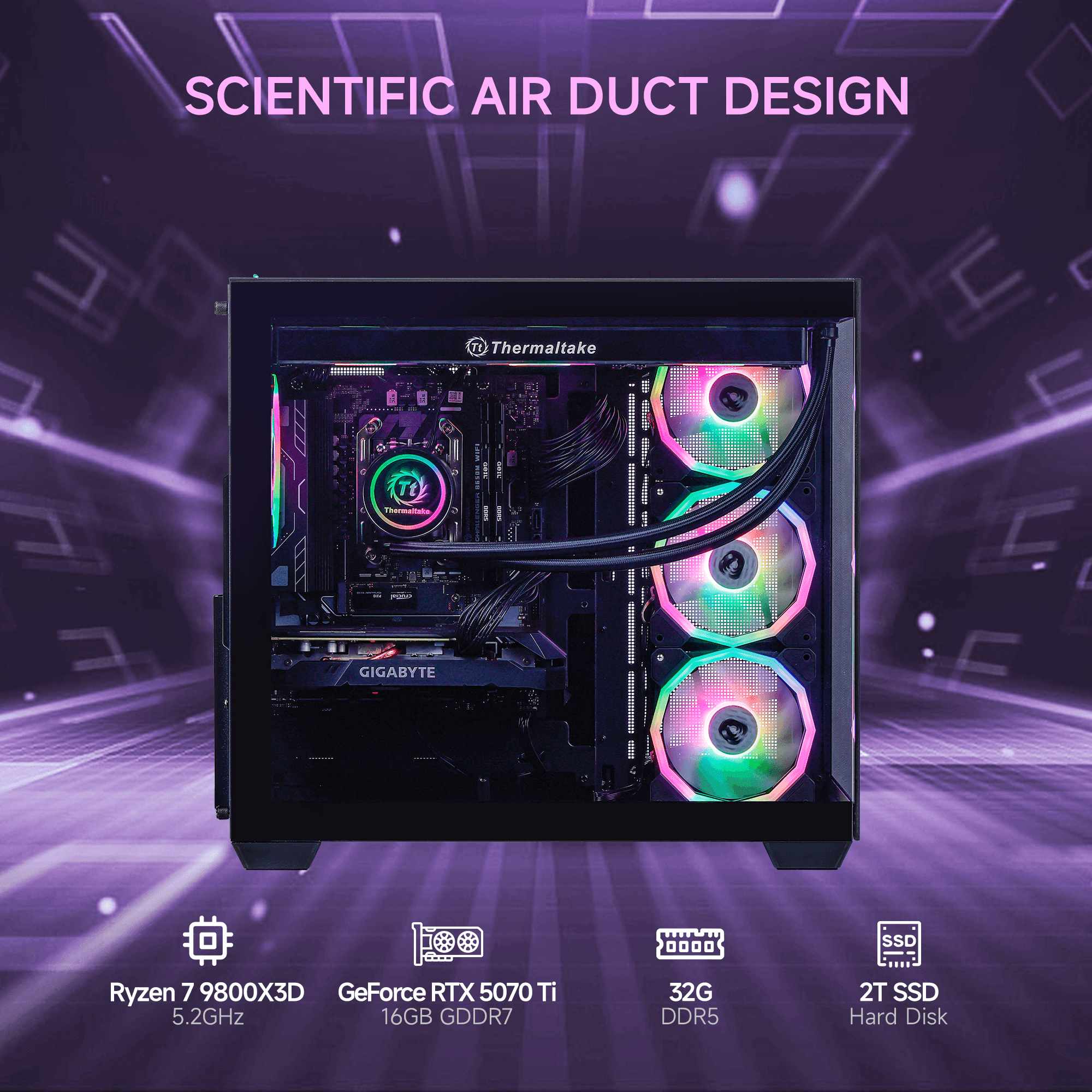 Mloong Gaming PC Desktop AMD Ryzen 7 9800X3D, GeForce RTX 5070Ti 16GB, 2TB SSD, 32GB DDR5 RAM, 850W, Win11, WIFI