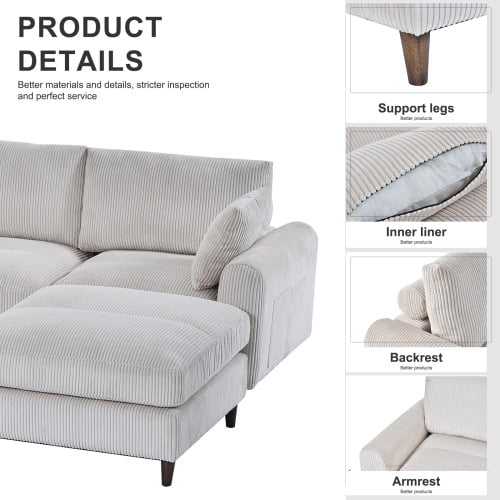 BSHTI Modern 6-Seat Corduroy Modular Sectional, U-Shape Convertible Couch with Ottoman, with Adjustable Head Pillows and Storage Pockets, Beige