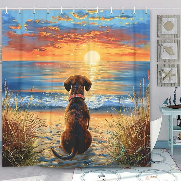 Funny Dog Shower Curtain, Hilarious Dog on Sunset Sunrise Beach Seascape Art Shower Curtain Set, Nautical Ocean Bath Accessories Coastal Seaside Bathroom Decor with 12PCS Hooks, 70X70IN