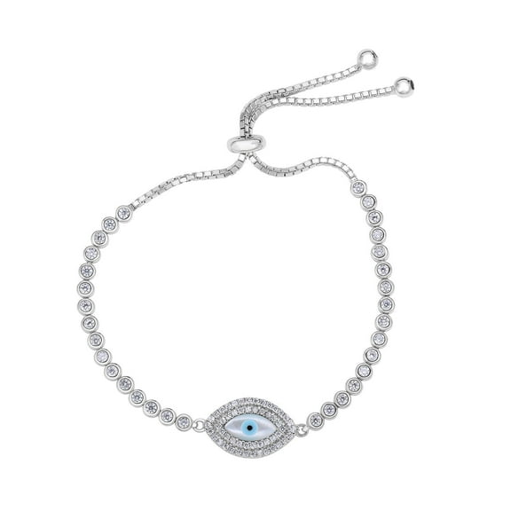 Tilo Jewelry 925 Sterling Silver CZ Evil Eye Bracelet - Adjustable - Women, Girls