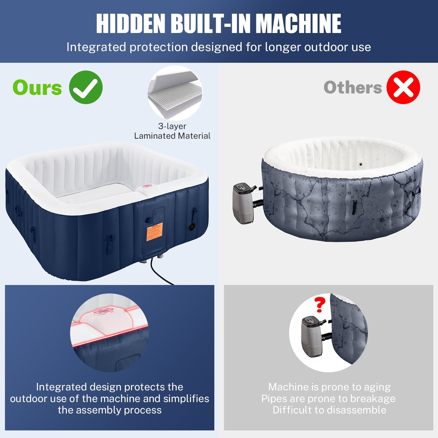 Hot Tub for 4-6 Person, Seizeen Outdoor Patio Large Inflatable Hot Tub Home SPA, with 130pcs Massage Jets, 910L, 4 Filters, 2 Cup Holders, Lockable Cover, Storage Bag, Max 104℉, 73in, Navy