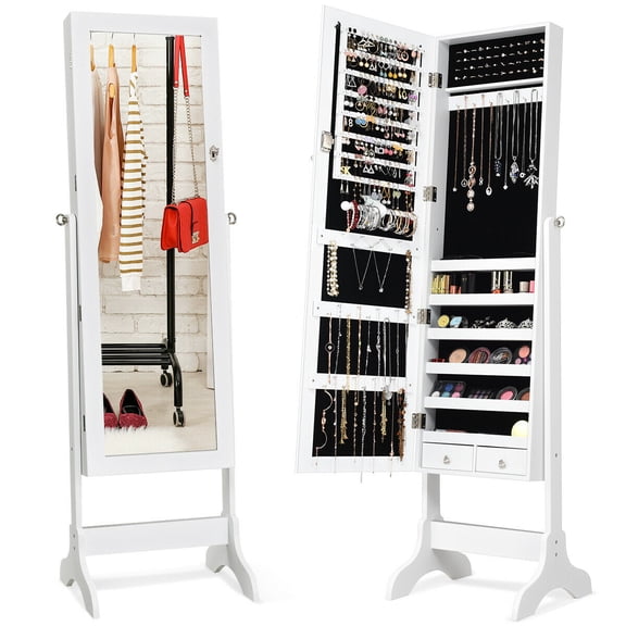 Gymax 4 Tilting Position Jewelry Organizer Vanity Box w/ Full Length Mirror White
