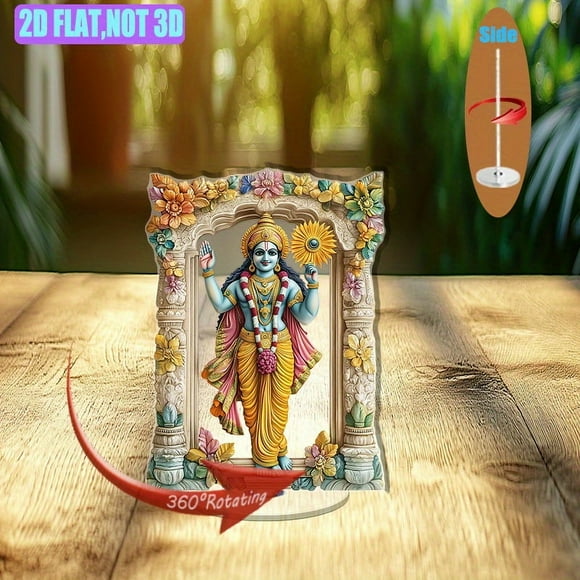 Rotating acrylic display featuring photorealistic Vishnu artwork in vibrant Indian mural style with a colorful flower border and frame, exuding divine energy